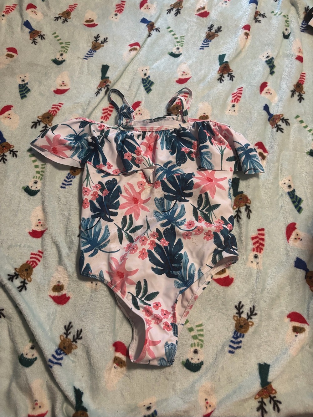 SHEIN White One-Piece Swimsuit with Pink and Blue Floral Print